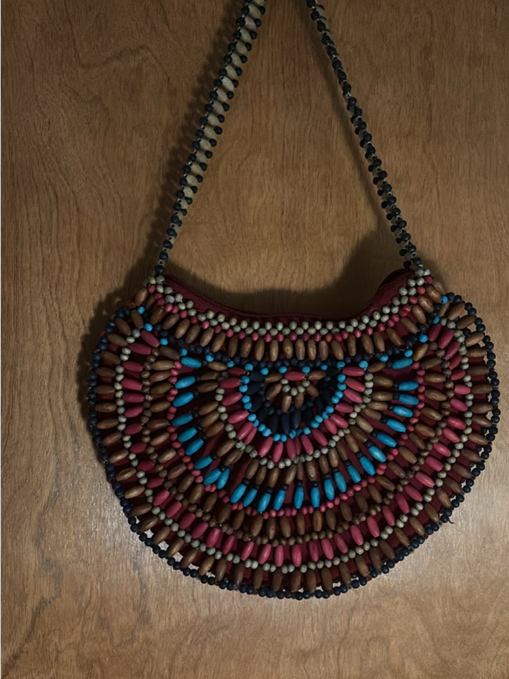 Boho Beaded Crescent Shoulder Bag in Teal, Pink and Brown